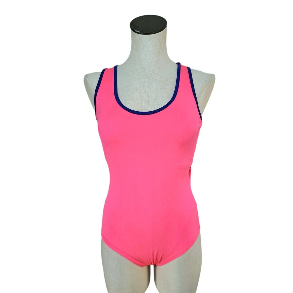 Aja VTG 90s Twisted Triangle Open Back Keyhole Leotard Built-in Bra Neon Pink AS - Picture 7 of 14